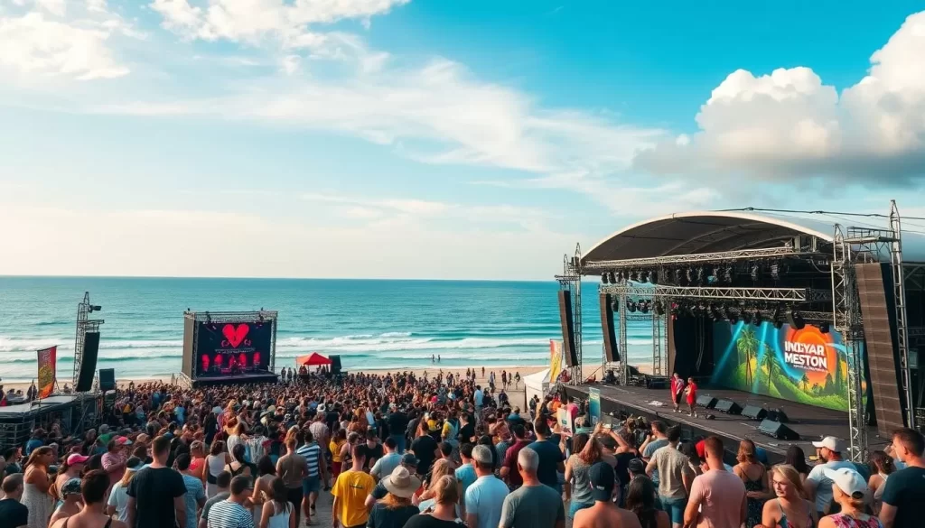Generate an image of a lively outdoor music festival with multiple stages on a beautiful beach.