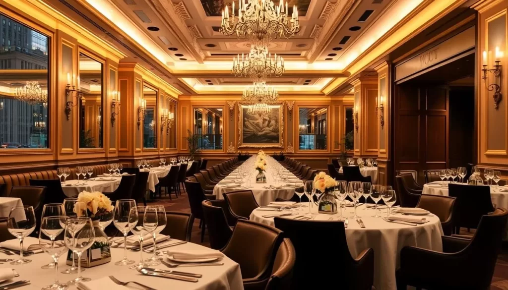 Generate an image of a luxurious Chicago restaurant with a beautifully set table for a special occasion.