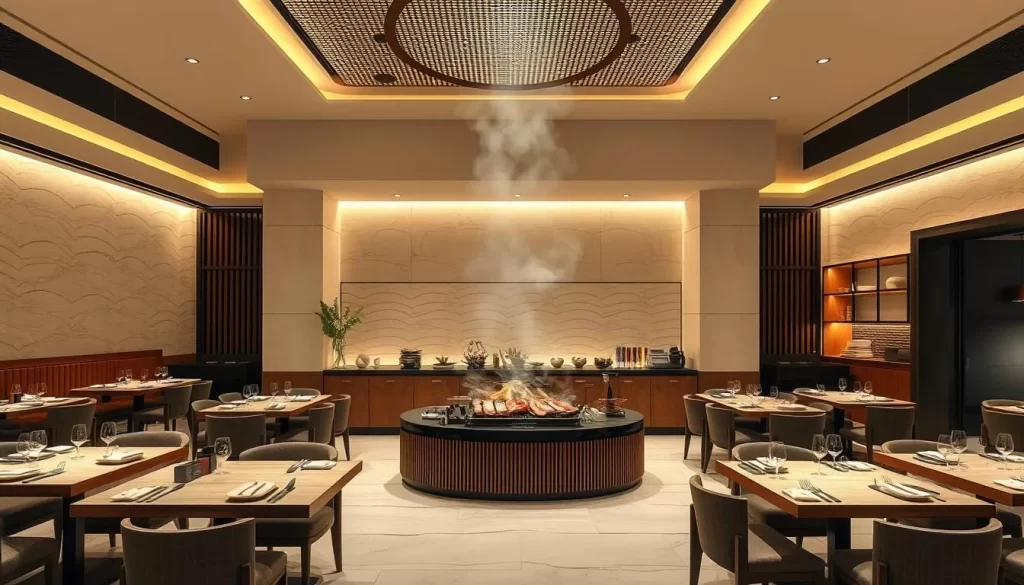 Generate an image of a luxurious Korean barbecue restaurant with a minimalist aesthetic and a focus on high-quality Wagyu beef.