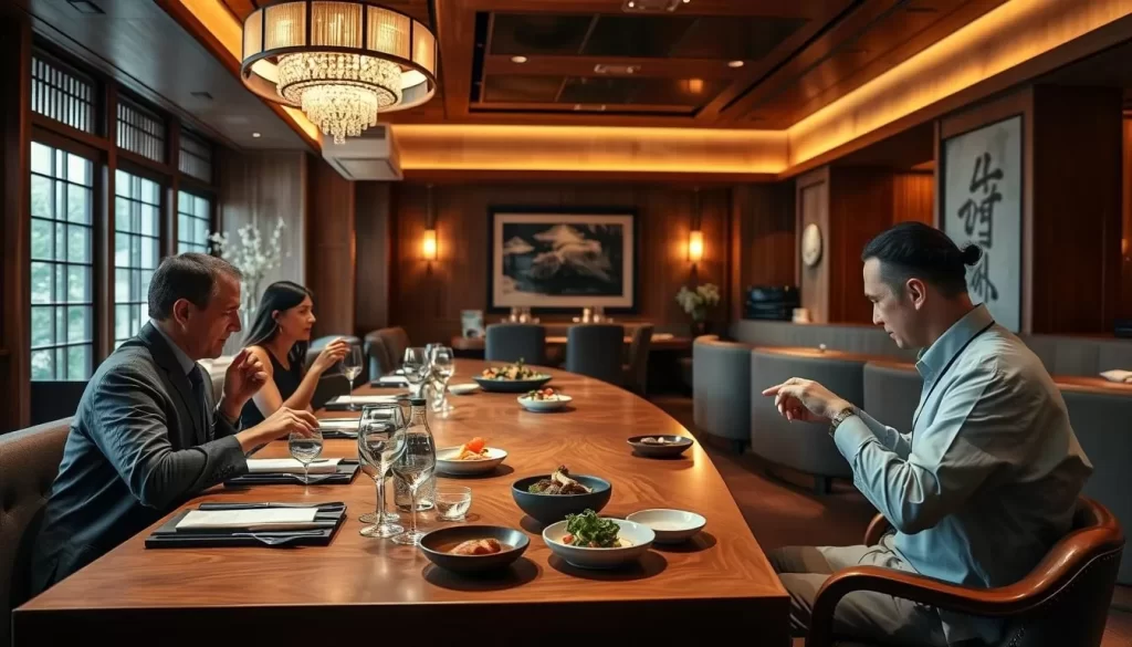 Generate an image of a luxurious dining room with a hinoki wood counter, where guests are enjoying an omakase meal amidst an elegant setting.