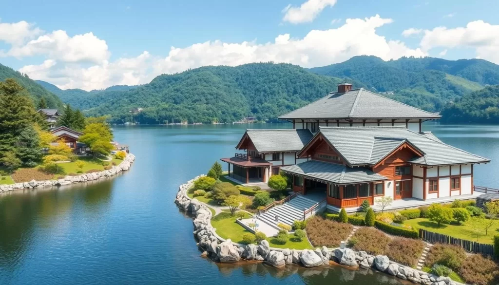 Generate an image of a luxurious hotel on the shores of Lake Kawaguchiko with Japanese-style rooms and cottages.