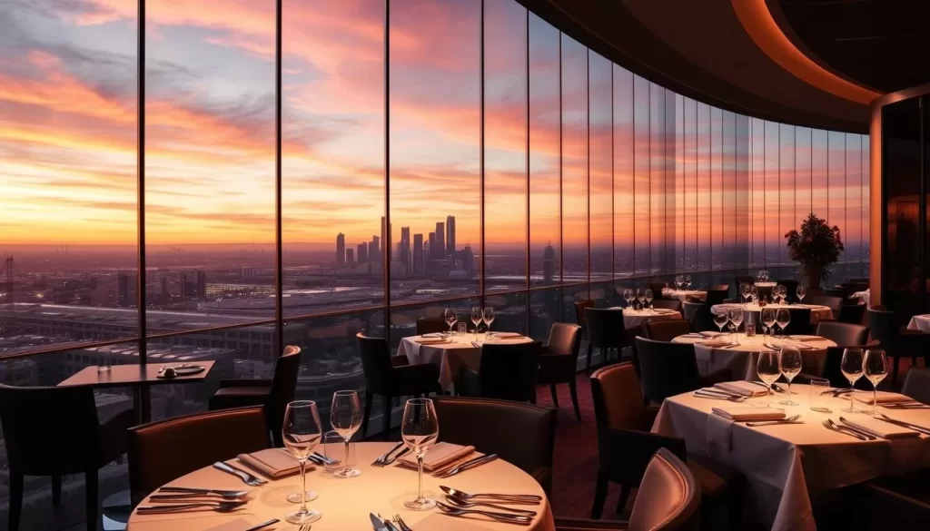 Generate an image of a luxurious restaurant on the 71st floor with panoramic views of Los Angeles.