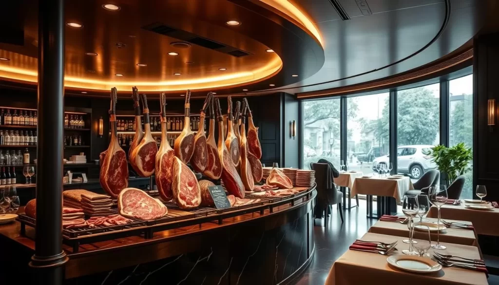 Generate an image of a luxurious steakhouse interior with a dry-aged meat display.