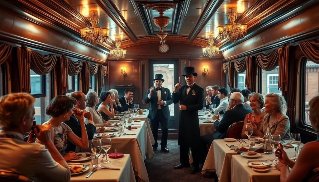 Generate an image of a luxurious train dining car with passengers enjoying a meal while actors perform a murder mystery.