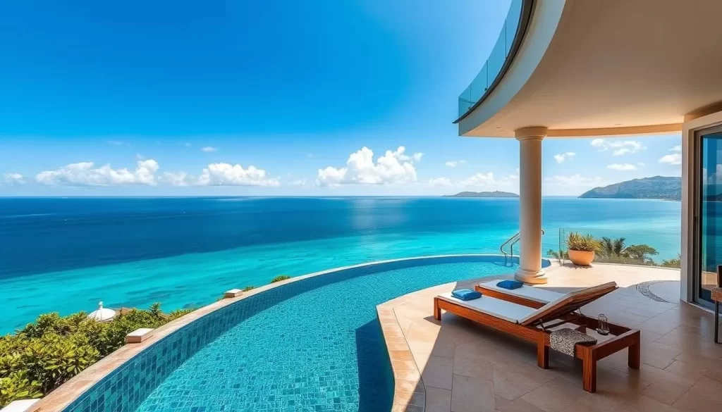 Generate an image of a luxurious villa with a private pool overlooking the ocean on Miyako Island.