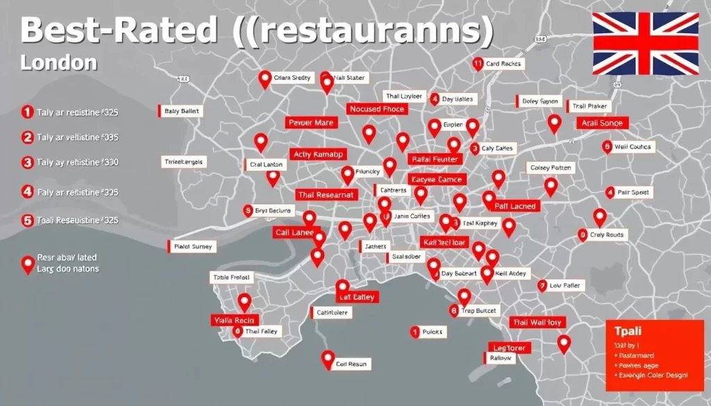 Generate an image of a map highlighting top Thai restaurants in London
