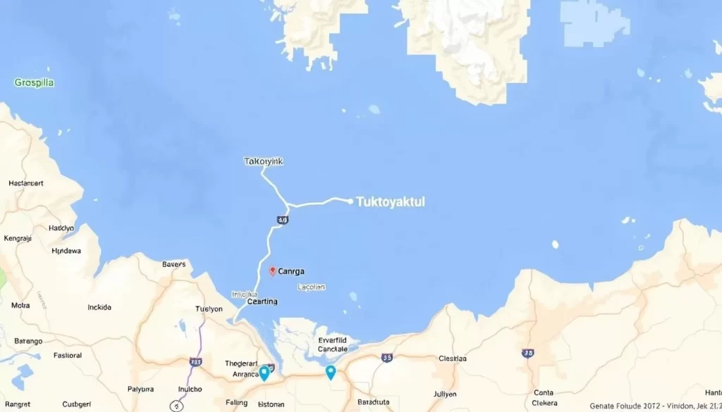 Generate an image of a map showing the Inuvik to Tuktoyaktuk route