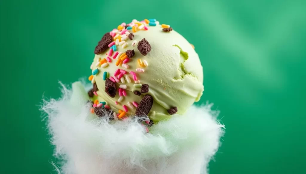 Generate an image of a matcha green tea ice cream cone wrapped in cotton candy with Oreos and sprinkles.