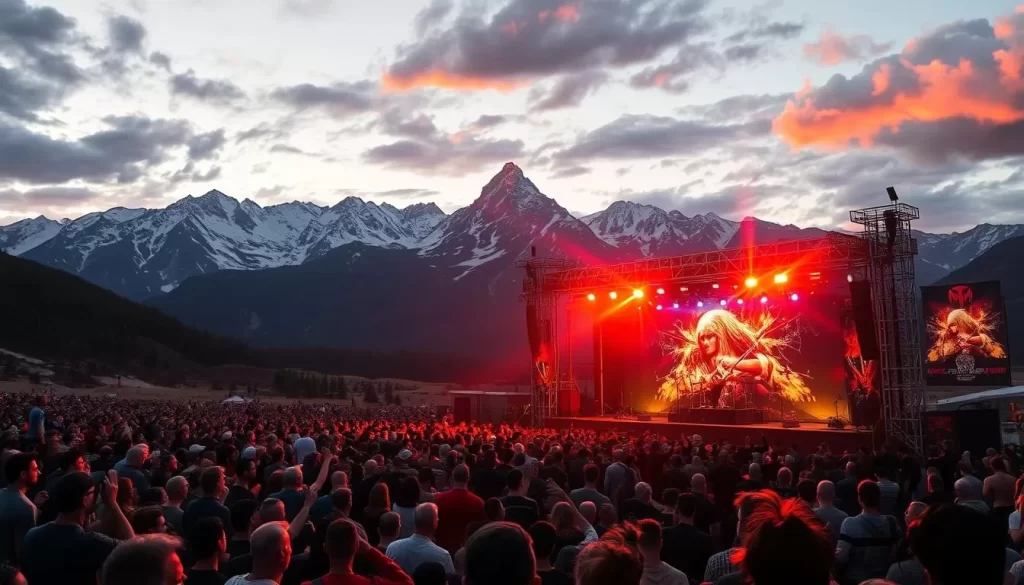 Generate an image of a metal music festival in the mountains