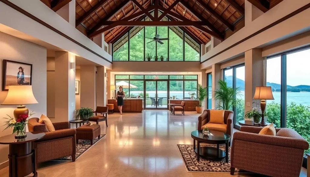 Generate an image of a mid-range hotel with a comfortable lobby and friendly staff on Miyako Island.
