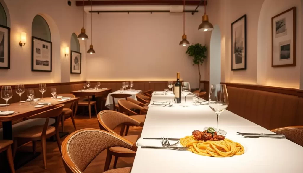 Generate an image of a minimalist Italian restaurant with a cozy atmosphere, serving dishes like rigatoni gricia with guanciale.