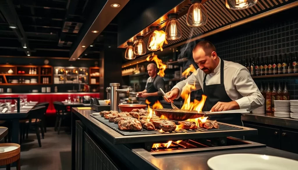 Generate an image of a modern Basque grill restaurant in London, with a sleek interior and chefs expertly grilling Galician beef.