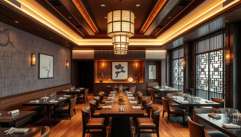 Generate an image of a modern Korean steakhouse interior with a blend of traditional and contemporary elements.