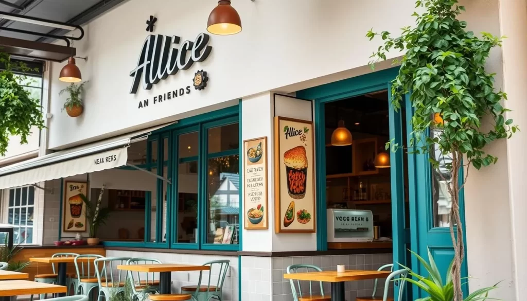Generate an image of a modern, inviting restaurant with a sign reading "Alice & Friends" and a menu featuring a diverse pan-Asian vegan menu.