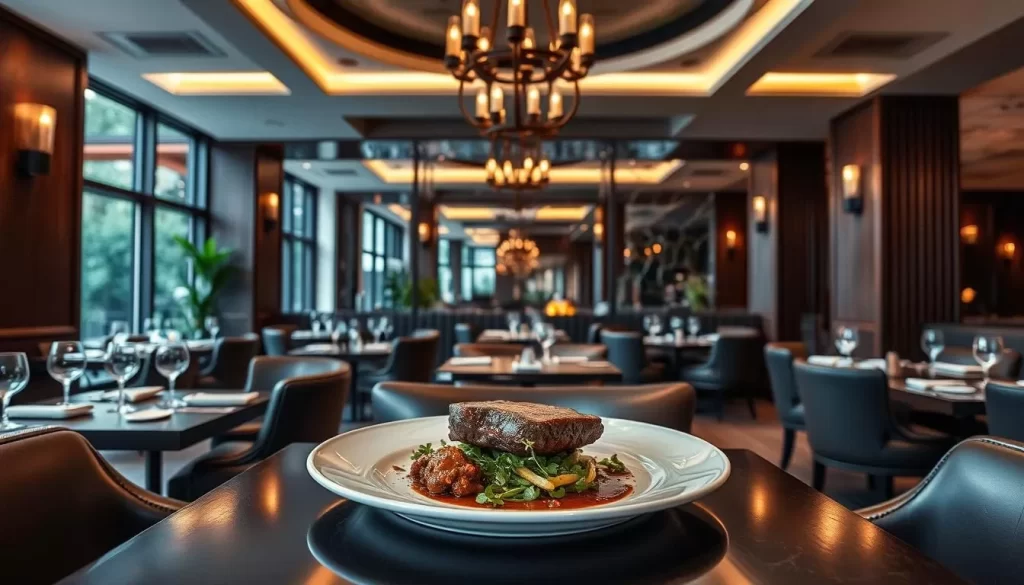 Generate an image of a modern steakhouse interior with a chic ambiance, featuring a beautifully plated steak dish.