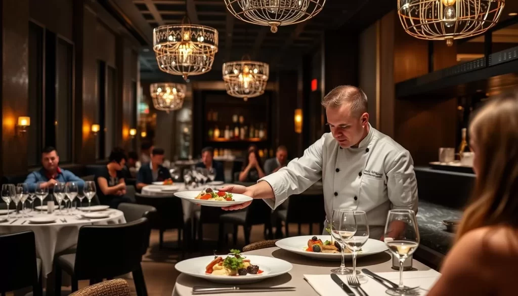 Generate an image of a modern, upscale Chicago restaurant with a chef presenting a multi-course tasting menu.