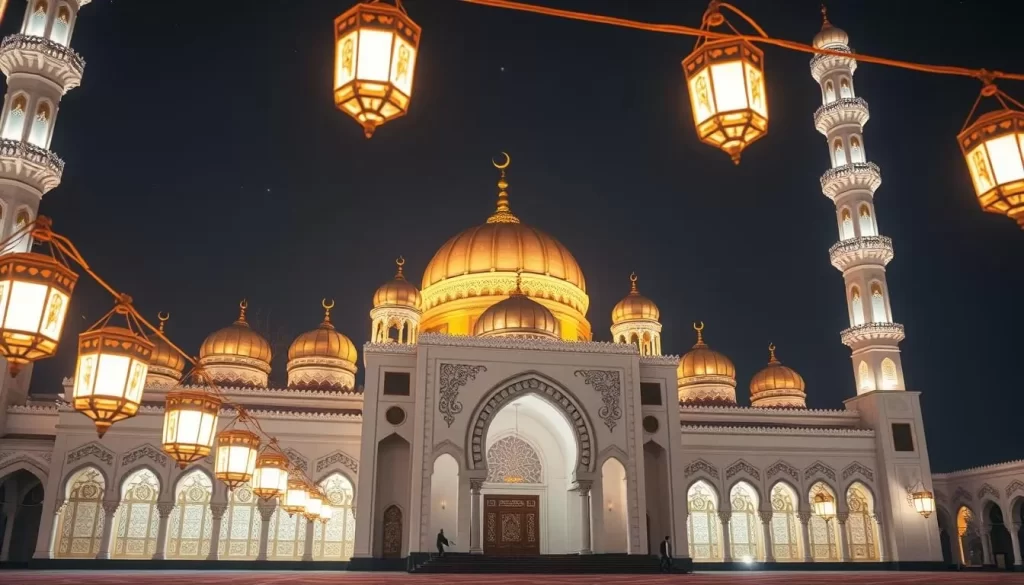 Generate an image of a mosque illuminated with mahya lights during Ramazan.
