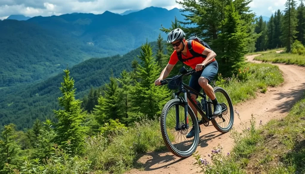 Generate an image of a mountain biker riding on a trail in Norikura Kogen.