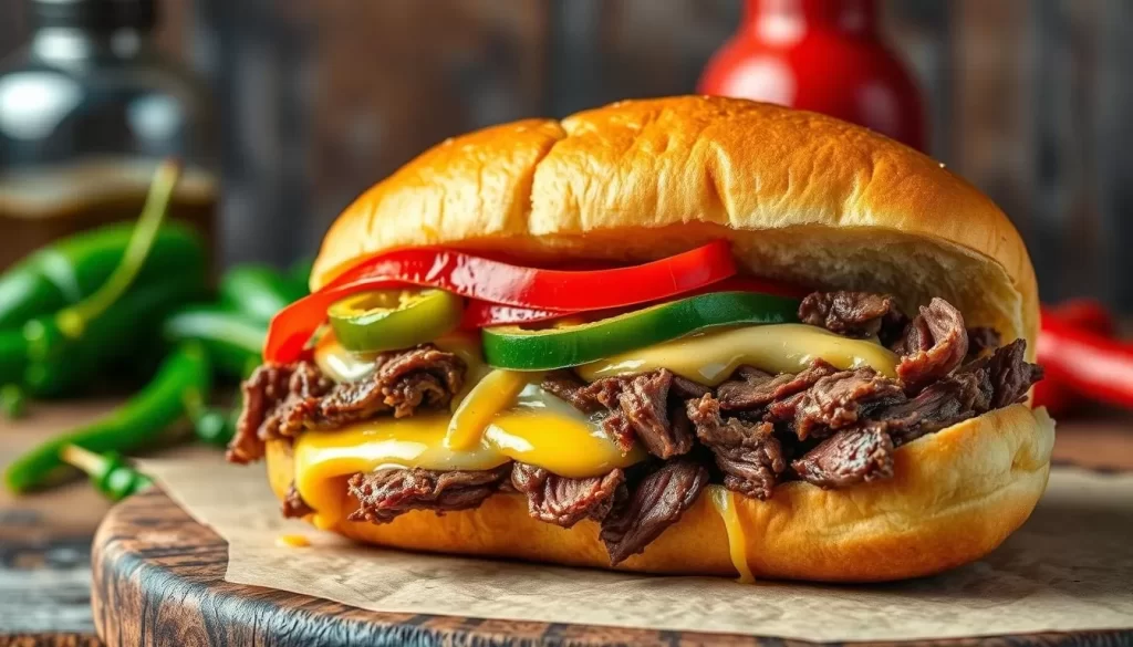 Generate an image of a mouth-watering Italian beef sandwich from Johnnie's Beef in Chicago.