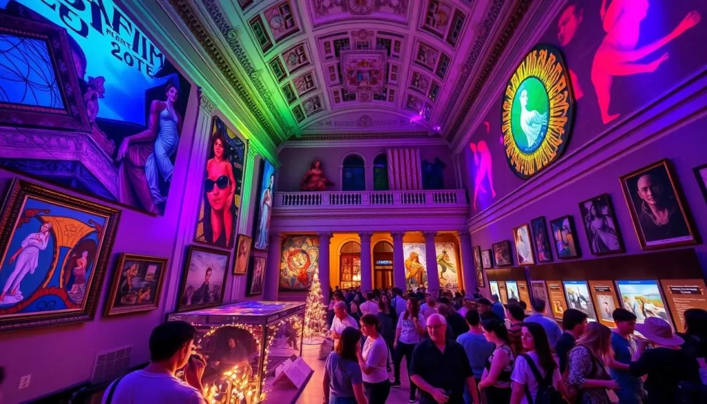 Generate an image of a museum in Chisinau transformed into a vibrant space for performances and exhibitions during the Night of Museums.