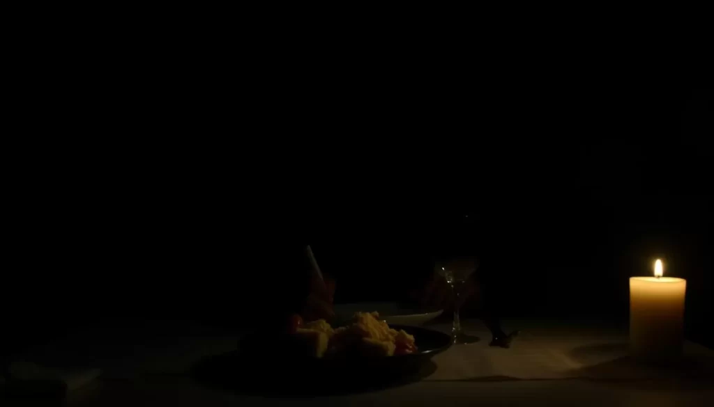 Generate an image of a person dining in complete darkness, with a subtle hint of a meal on the table.