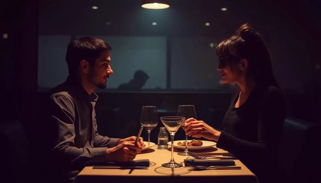 Generate an image of a person dining in complete darkness, with a visually-impaired server guiding them.