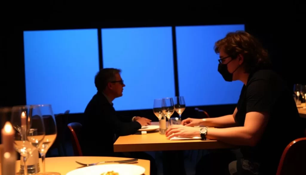 Generate an image of a person dining in complete darkness with a visually impaired staff member guiding them.