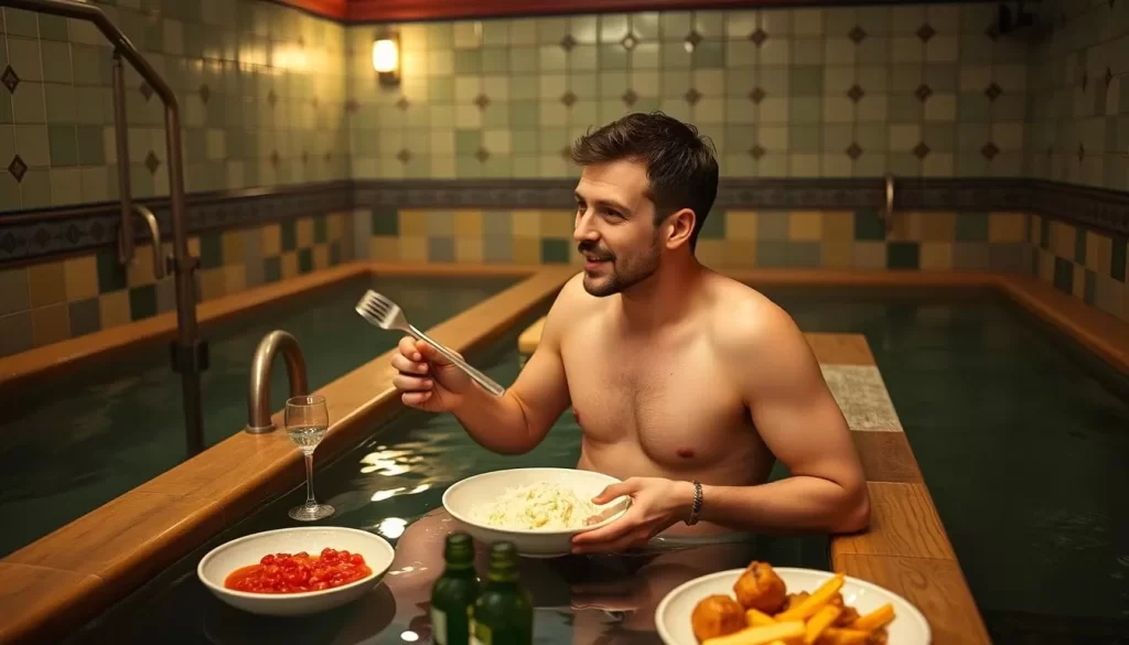 Generate an image of a person dining in their swimsuit at a Russian bathhouse in New York City.
