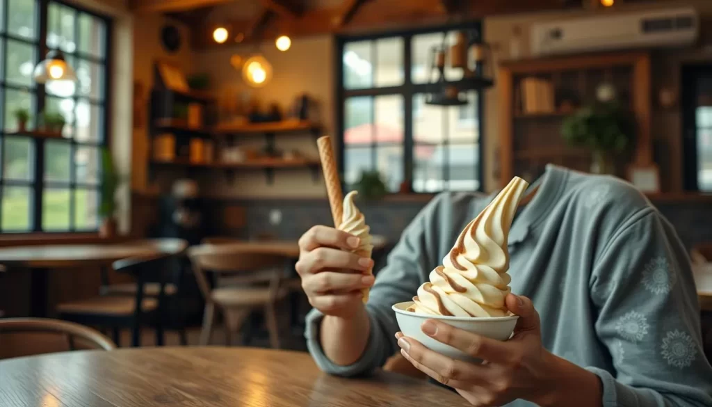 Generate an image of a person enjoying Budonoki's organic soft serve in a cozy setting.