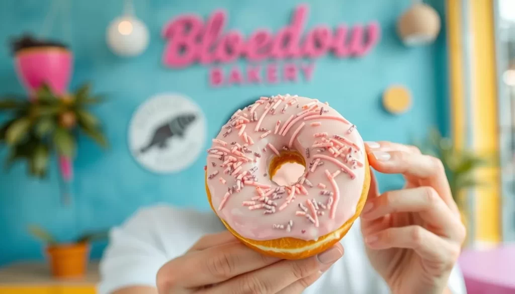 Generate an image of a person enjoying a freshly baked donut from Bloedow Bakery.