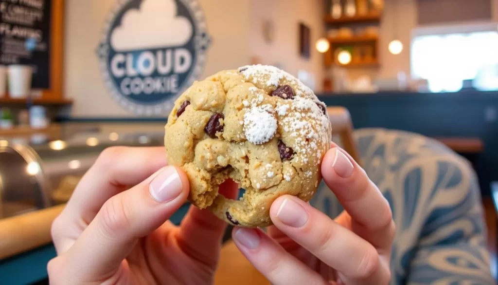 Generate an image of a person enjoying a freshly baked, powdered sugar-dusted cookie from Cloud Cookie, in the cozy atmosphere of their Wrigleyville bakery.