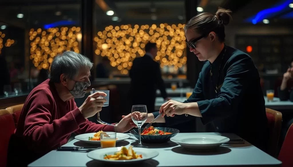Generate an image of a person enjoying a meal in complete darkness, guided by a visually-impaired server.