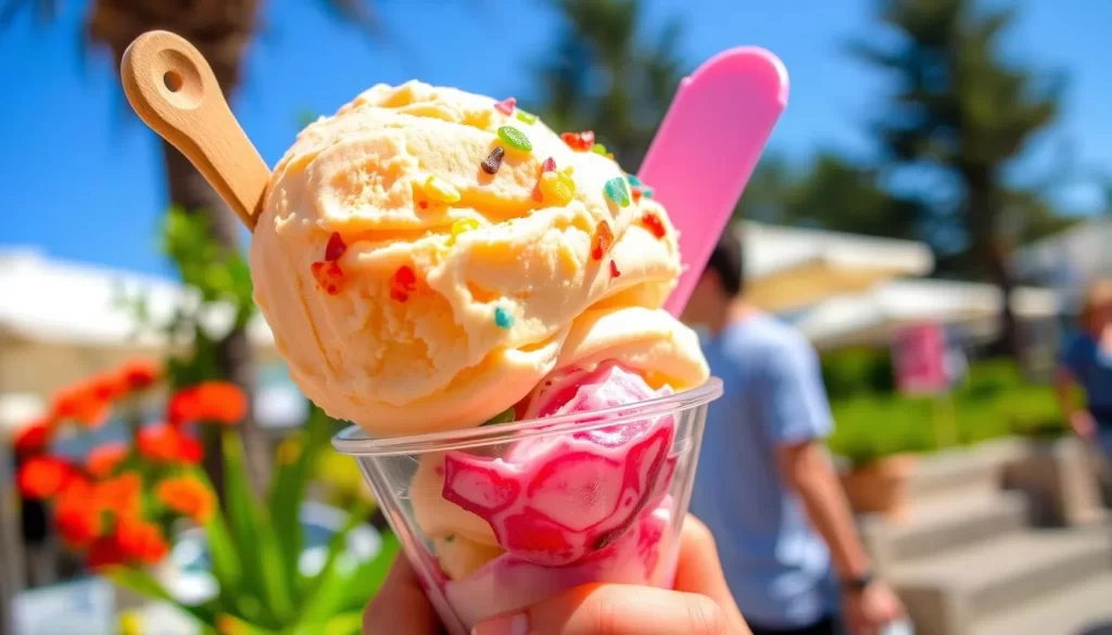 Generate an image of a person enjoying a scoop of artisanal gelato.