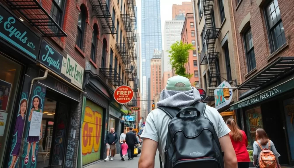 Generate an image of a person exploring a New York City neighborhood with a mix of free attractions and activities.