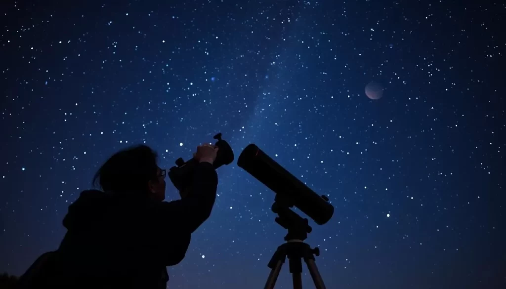 Generate an image of a person gazing up at the night sky through a telescope, with a breathtaking view of stars and planets.