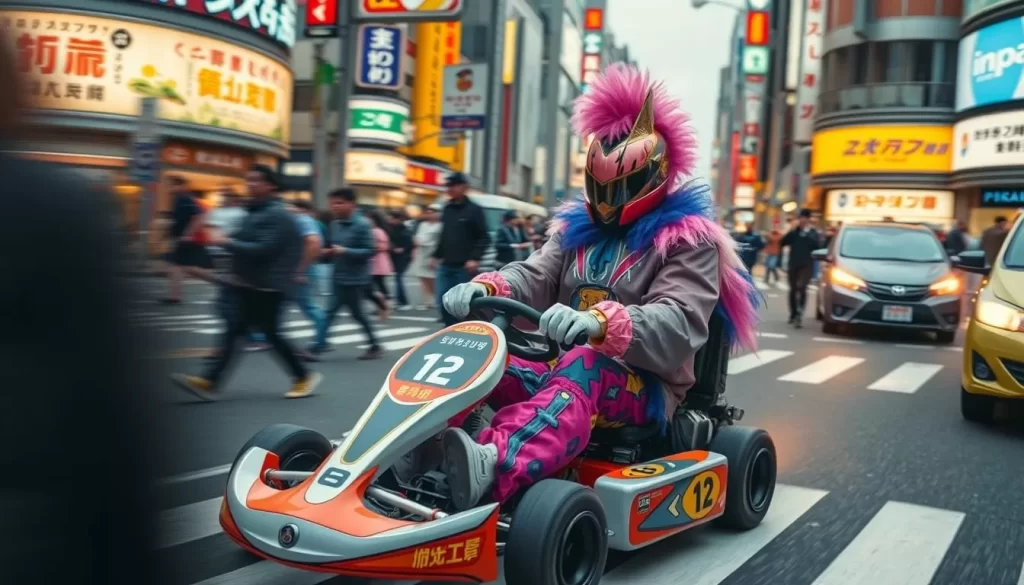 Generate an image of a person go-karting through Shibuya Crossing in a colorful costume.