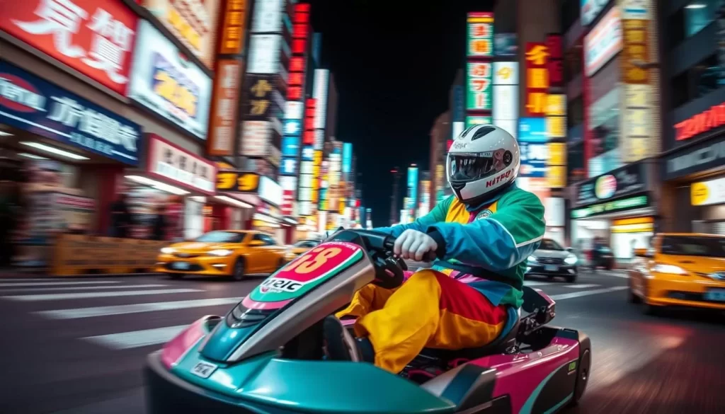Generate an image of a person go-karting through Shinjuku's streets, dressed in a costume.