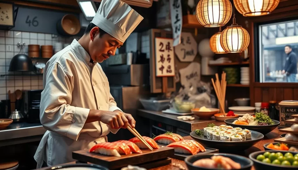 Generate an image of a person making sushi with a chef in a Tokyo kitchen.