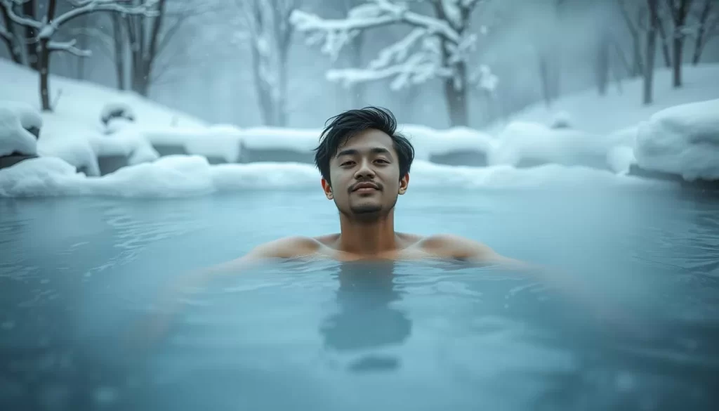 Generate an image of a person relaxing in a hot spring (onsen) surrounded by snowy scenery.