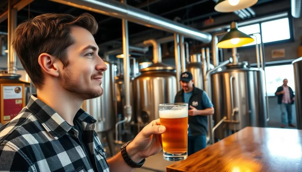 Generate an image of a person tasting a glass of beer in a brewery setting, with a tour guide explaining the brewing process in the background.