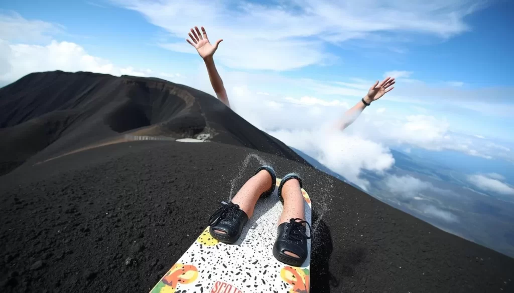 Generate an image of a person volcano boarding down Cerro Negro