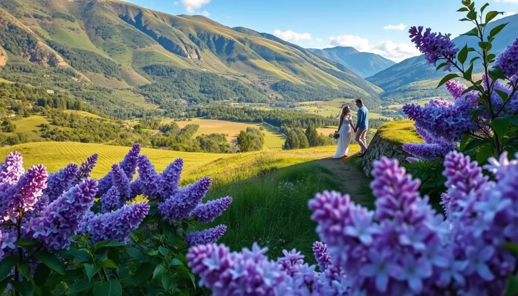 Generate an image of a picturesque valley filled with blooming lilacs, with a romantic couple strolling in the distance.