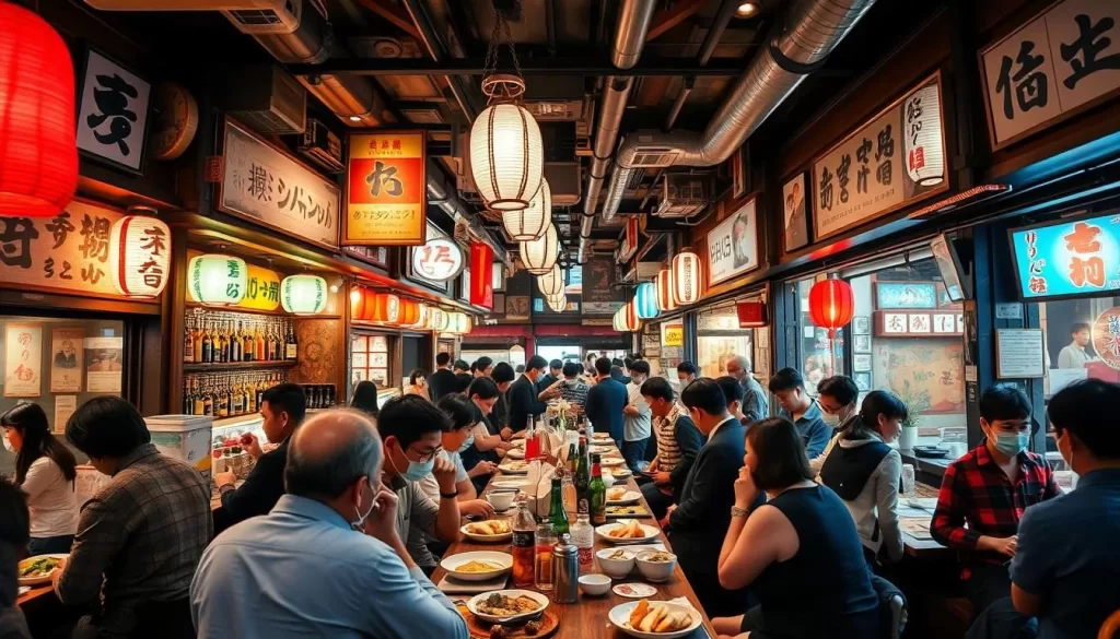 Generate an image of a popular izakaya in Kōtō-ku, Tokyo, with a lively atmosphere and a variety of Japanese dishes.
