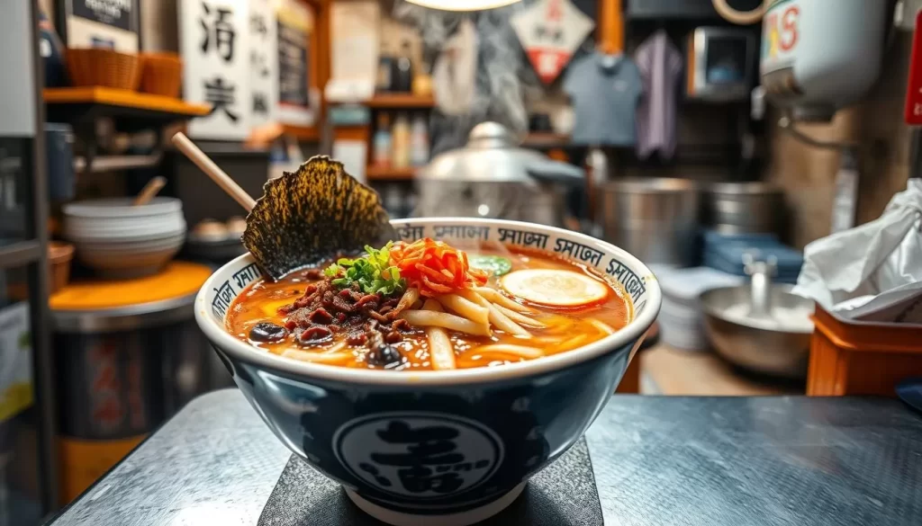 Generate an image of a ramen shop in Shinagawa with a steaming bowl of ramen.