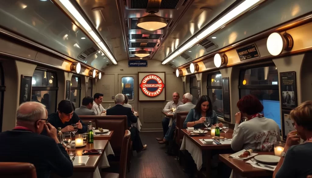 Generate an image of a refurbished London Underground carriage used as a dining area, with diners enjoying their meal.