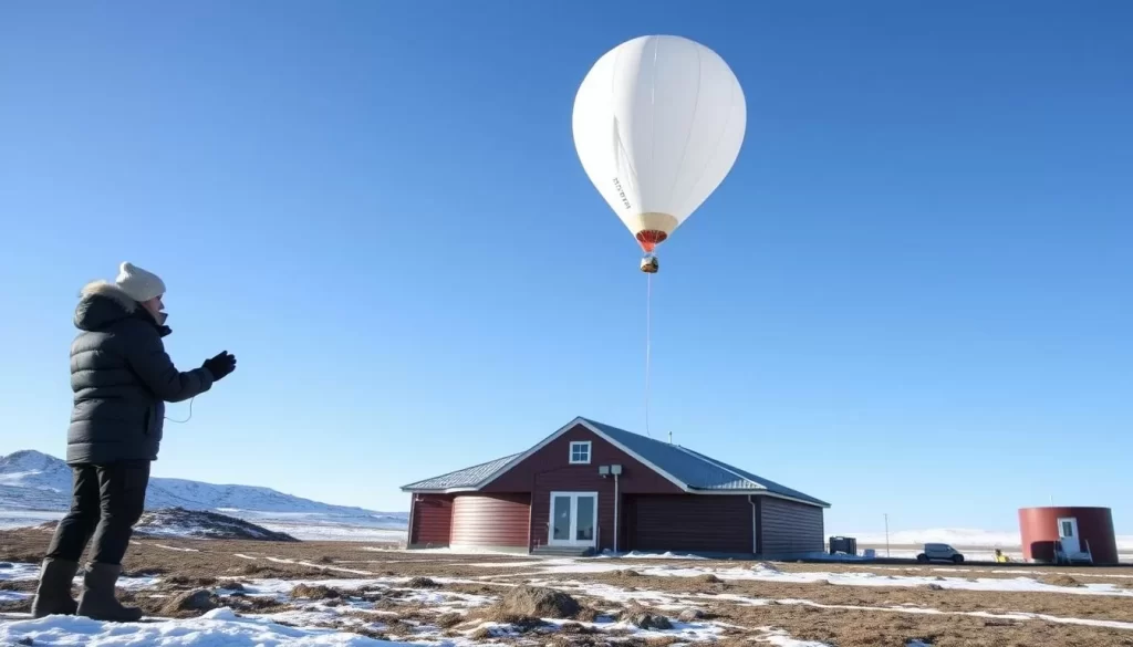 Generate an image of a researcher releasing a weather balloon at the Eureka research station on Ellesmere Island.