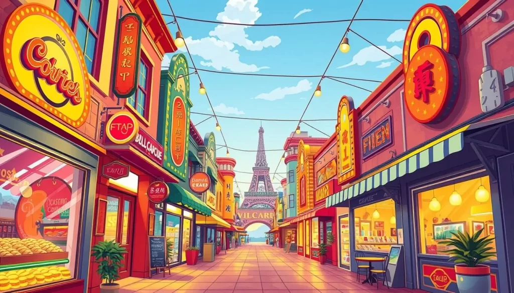 Generate an image of a retro-style shopping arcade with a nostalgic atmosphere, featuring unique shops and eateries.