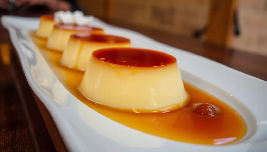 Generate an image of a rich, creamy flan dessert at Birrieria Zaragoza