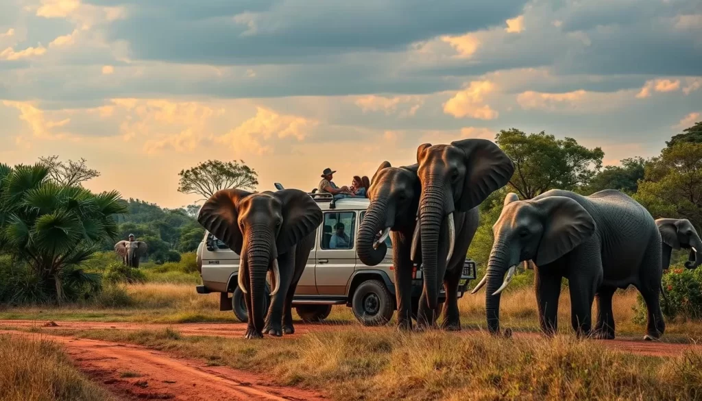 Generate an image of a safari vehicle in Nkhotakota Wildlife Reserve with elephants in the foreground.