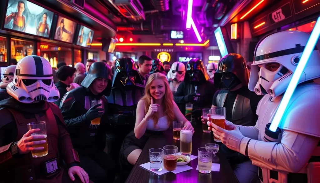 Generate an image of a sci-fi themed bar with patrons dressed in Star Wars costumes, enjoying drinks and snacks.